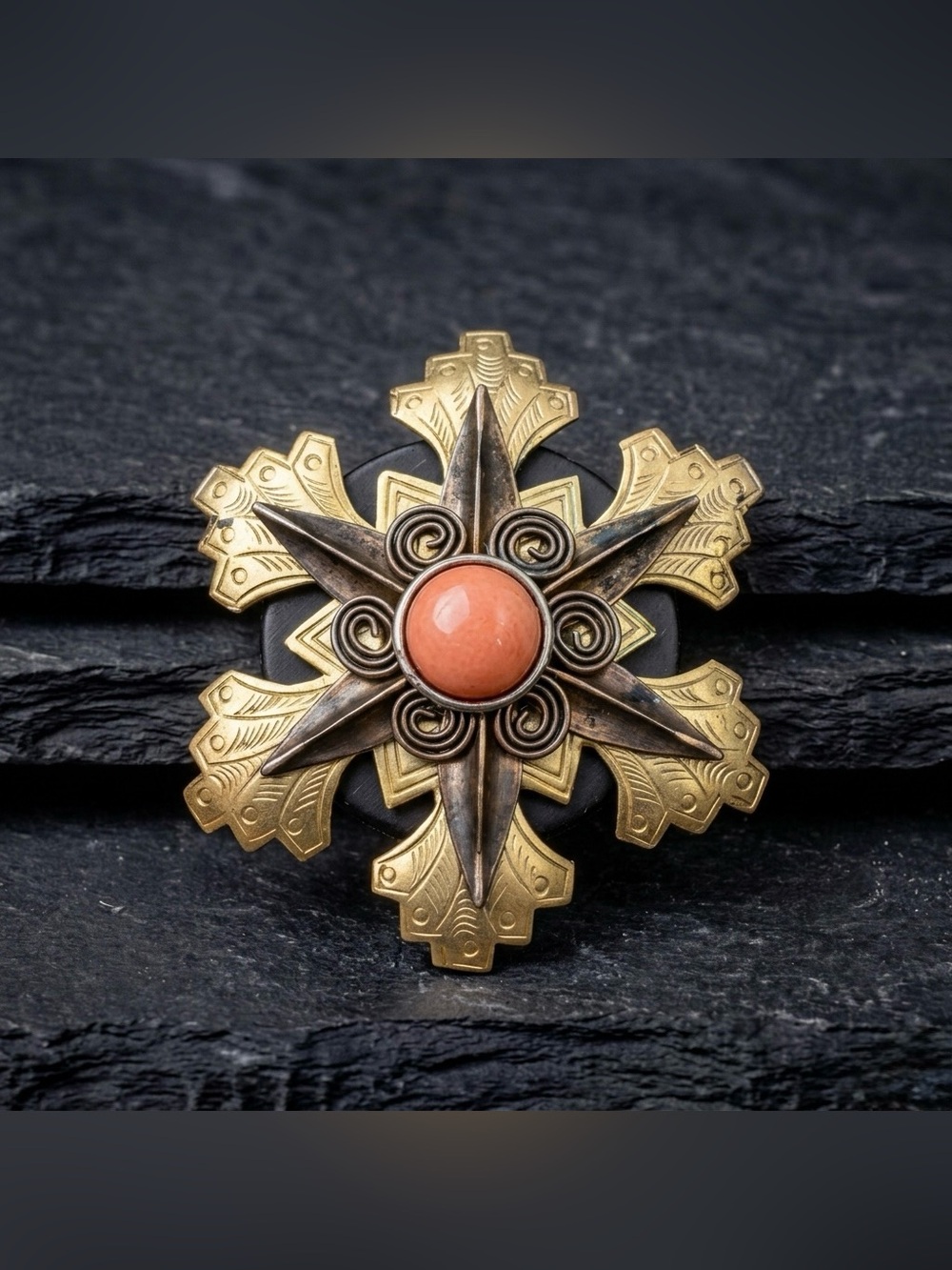 Vintage 80s Genuine Pink Jadeite Medallion Star Mixed Metal Regal Revival Brooch